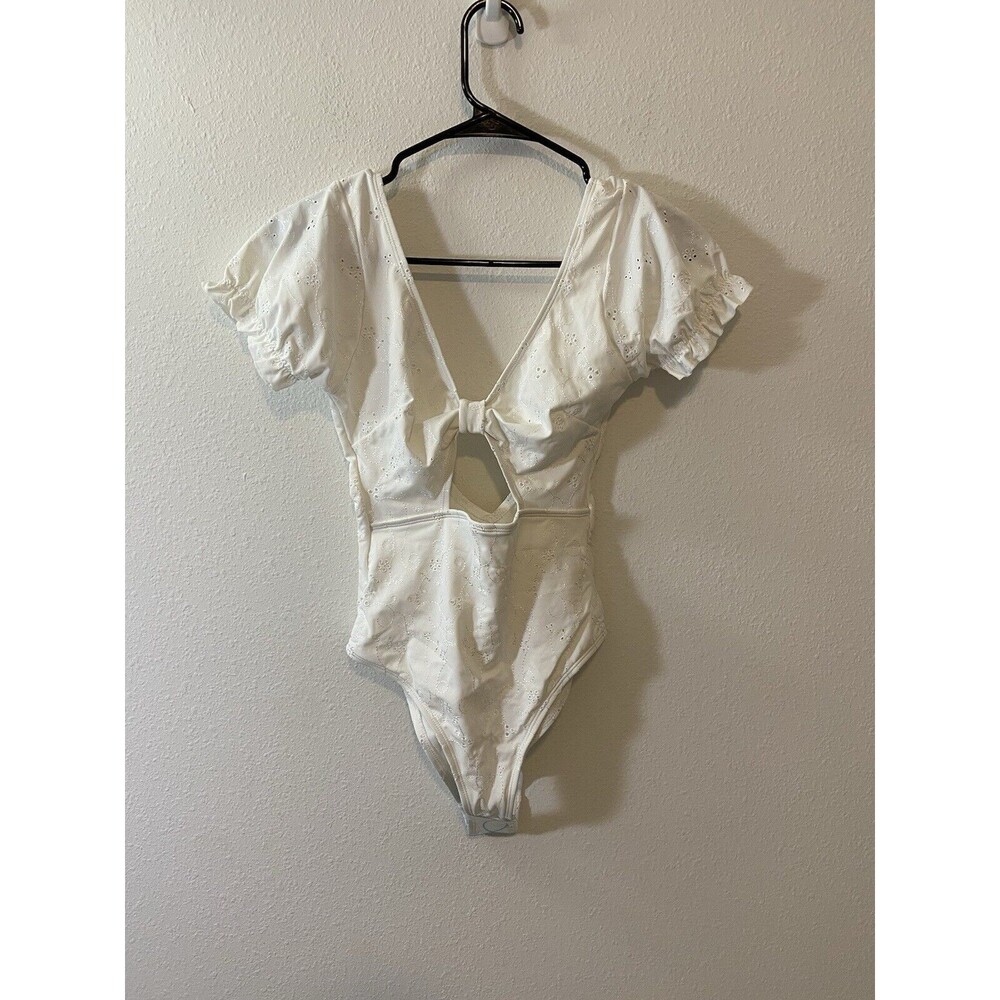 ASOS DESIGN Cottagecore Puff Sleeves Swimsuit Size 4 White Womens Eyelet New NWT